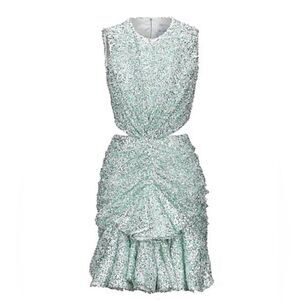 NWT Halpern cupped sequin high collared cut out dress aqua lace size 34/US 2
